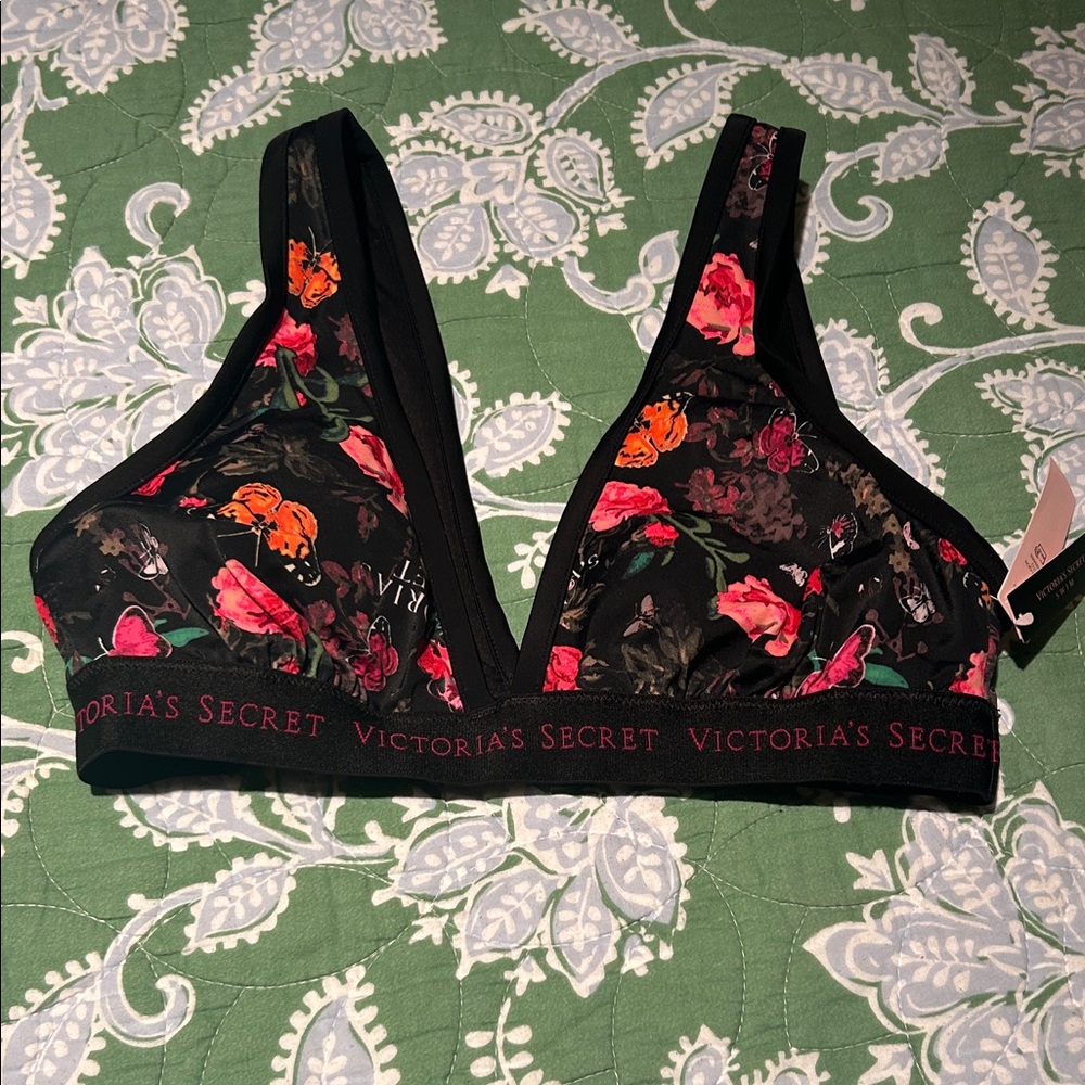 Victoria's Secret Black and Pink Floral Bikini Top NWT